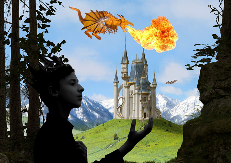 Afbeelding: Koning op de voorgrond met op de achtergrond een draak en een kasteel op een heuvel